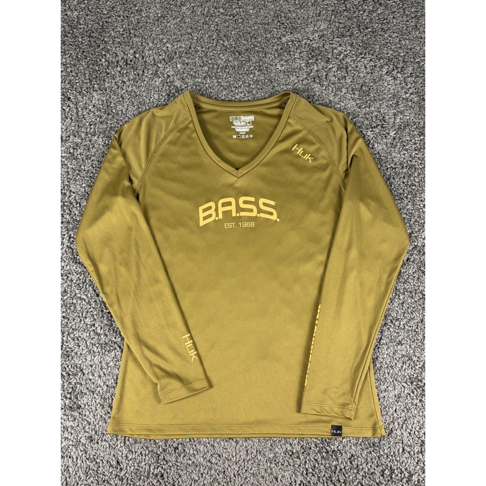 Huk B.A.S.S. Bassmaster Fishing Shirt Women Large Olive Green Long Sleeve V-Neck